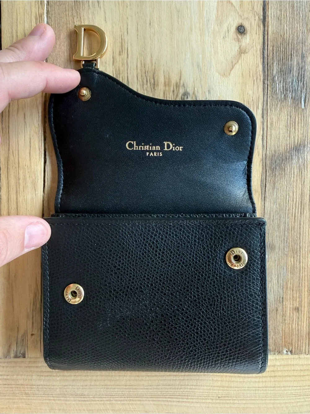 Christian Dior Vintage Saddle Trifold Wallet, Black Leather, Gold D Clasp